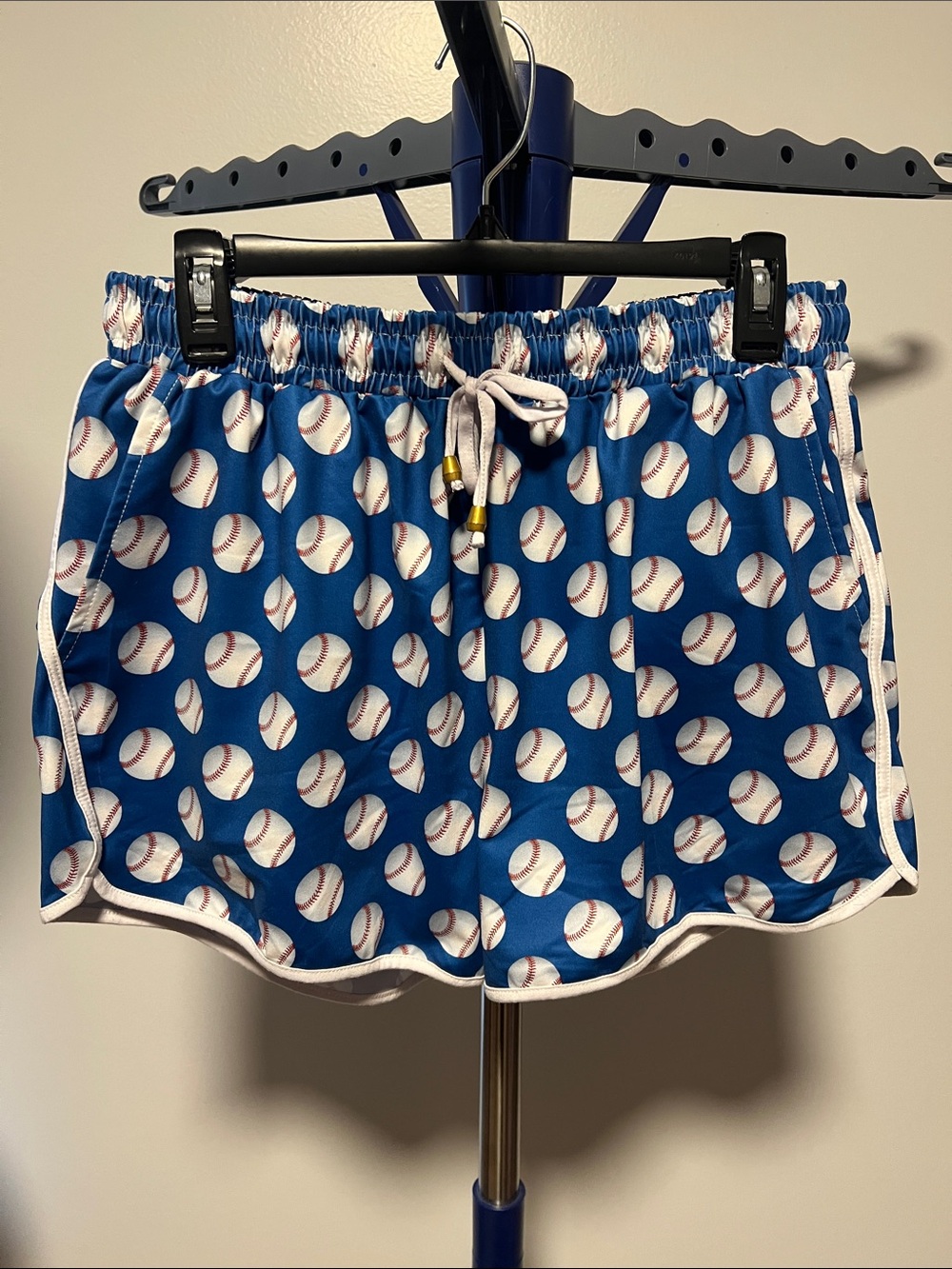 Women’s Blue Baseball-Print Athletic Shorts